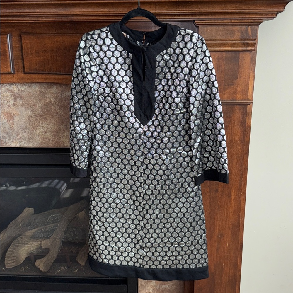 Vintage Polly Peck Sybil Zecker England made Black dress silver polkadots est M